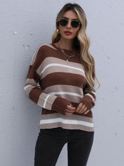 Kaffeefarbener, gestreifter Langarmpullover 