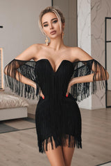 V-Ausschnitt, rückenfrei, mit Quasten, figurbetontes Partykleid