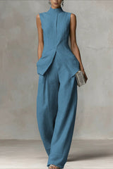 Drape Sleeveless Shirt Elegant Two Piece Work Set