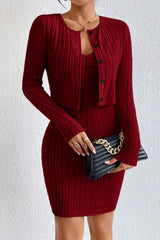 Elegant Solid Slim Crop Cardigan Dress Two Piece Set