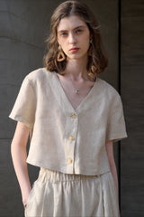 Linen V Neck Short Sleeve Blouse