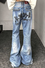 Premium-Jeans mit Grafikprint, blau, Stretch, schmal geschnitten, ausgestellt