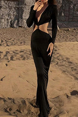 Schmale, langärmelige Partykleid mit tiefem V-Ausschnitt und Spitzendetails