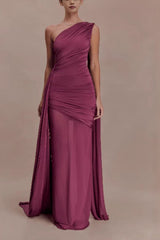 Elegant Mesh Paneled One Shoulder Cape Fitted Party Dress