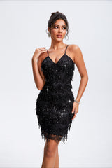 Pailletten-Quasten-Strass-Kleid mit V-Ausschnitt, ärmellos, Partykleid