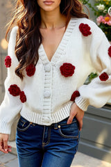 3D Floral V Neck Knit Sweater