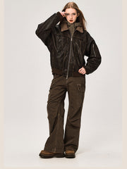 PU-Lederjacke mit Kragen aus Lammwolle
