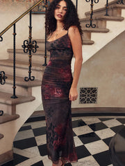 Bedrucktes, rückenfreies, plissiertes Maxikleid mit Blumenmuster