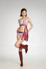 Gestreiftes Bikini-Set mit Bindebändern vorne und langärmeligem Überwurf