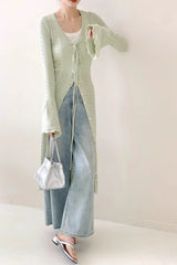 Lightweight Light Green V-Neck Bell-Sleeve Lace-Up Midi Knit Cardigan