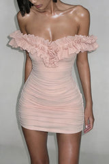 Off Shoulder Ruffle Ruched Bodycon Mini Dress