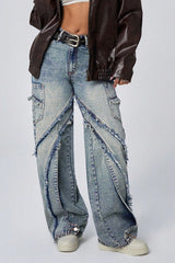 Weite, lockere Jeans mit Fransen und Patchwork-Muster