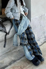 Plaid Patchwork High Waist Denim Pant