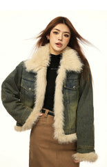 Vintage-Winterjacke aus Denim mit Pelzfutter