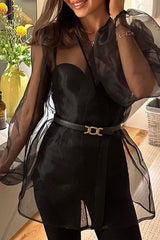 Transparente Bluse aus Mesh mit Puffärmeln und Bindeband vorne