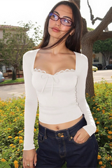 Lace Paneled Slim  Chic Long Sleeve Crop Top