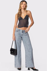 Gepunktete, rückenfreie Neckholder-Bluse, schmal geschnitten