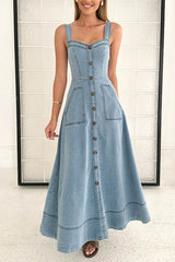 Strappy Backless Maxi Denim Dress
