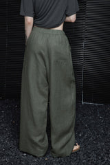 Green Linen High Waist Draped Wide Leg Pants