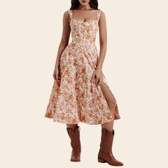 Blumenkleid mit tiefem Ausschnitt, A-Linie und Schlitz