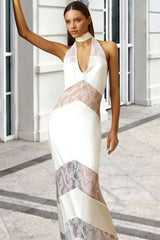 Durchsichtiges, rückenfreies Partykleid mit Neckholder und V-Ausschnitt aus Spitze