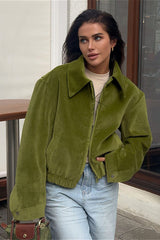 Retro-Collegejacke aus grünem Samt mit lockerem Kragen
