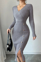 Knitted V-Neck Long-Sleeve Buttoned Sweater Dress