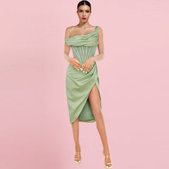 Asymmetrisches, schulterfreies Midi-Bodycon-Kleid mit kurzen Ärmeln, einem Träger und einem Bein (HI1209)