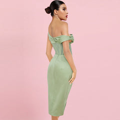 Asymmetrisches, schulterfreies Midi-Bodycon-Kleid mit kurzen Ärmeln, einem Träger und einem Bein (HI1209)