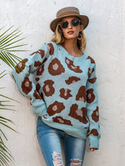 Leopardenstrickpullover mit überschnittenen Schultern 