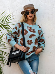 Leopardenstrickpullover mit überschnittenen Schultern 