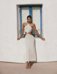 Maxikleid mit hohem Kragen, Neckholder, Knotenverschluss und Cut-Outs