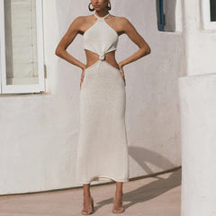 Maxikleid mit hohem Kragen, Neckholder, Knotenverschluss und Cut-Outs