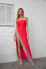 Alayna Schulterfreies Fransen-Maxikleid mit Bandagenrand