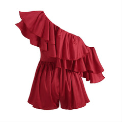 One-Shoulder-Jumpsuit mit kurzen Ärmeln und Rüschen