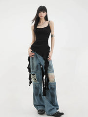 Schwarzes, asymmetrisches Tanktop mit Bändern und Rüschensaum