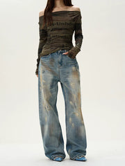 Used-Look blaue Baggy-Jeans mit weitem Bein