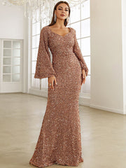 Paillettenbesetztes, langärmeliges, elegantes, figurbetontes Abendkleid mit tiefem V-Ausschnitt und schmaler Passform 