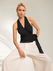 Ärmelloses Tanktop mit Polka-Dots, Neckholder und Bindegürtel