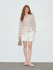 Gestreiftes Langarm-Sweatshirt mit V-Ausschnitt
