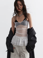 Jnylon Studio Transparentes, plissiertes Korsett-Top – Weißes, gerafftes Mesh-Bustier für Damen mit Tüllrock
