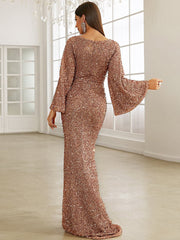 Paillettenbesetztes, langärmeliges, elegantes, figurbetontes Abendkleid mit tiefem V-Ausschnitt und schmaler Passform 