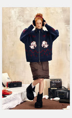 Oversized-Pullover mit Reißverschluss und Welpenmotiv