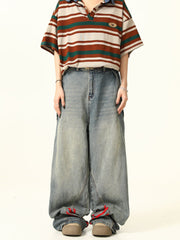 Rote Jeans mit drei Streifen, weitem Bein und heller Waschung