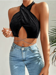 Schwarzes Tanktop aus Strickkordel und Samt mit Neckholder 
