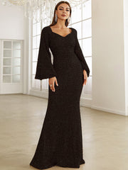 Paillettenbesetztes, langärmeliges, elegantes, figurbetontes Abendkleid mit tiefem V-Ausschnitt und schmaler Passform 