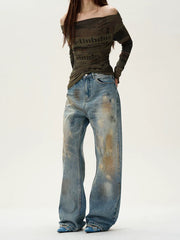 Used-Look blaue Baggy-Jeans mit weitem Bein