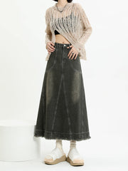 Jeans-Midirock mit ausgefranstem Saum