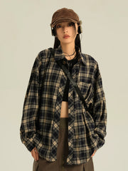 Oversize-Hemd mit marineblauem Karomuster und Knopfleiste