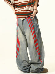 Rote Jeans mit drei Streifen, weitem Bein und heller Waschung